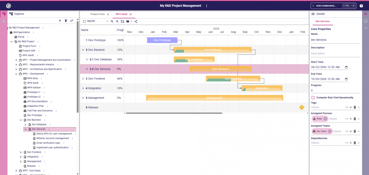 Gantt View displays tasks and work packages over time