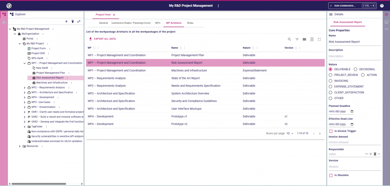 Table View to edit projects details